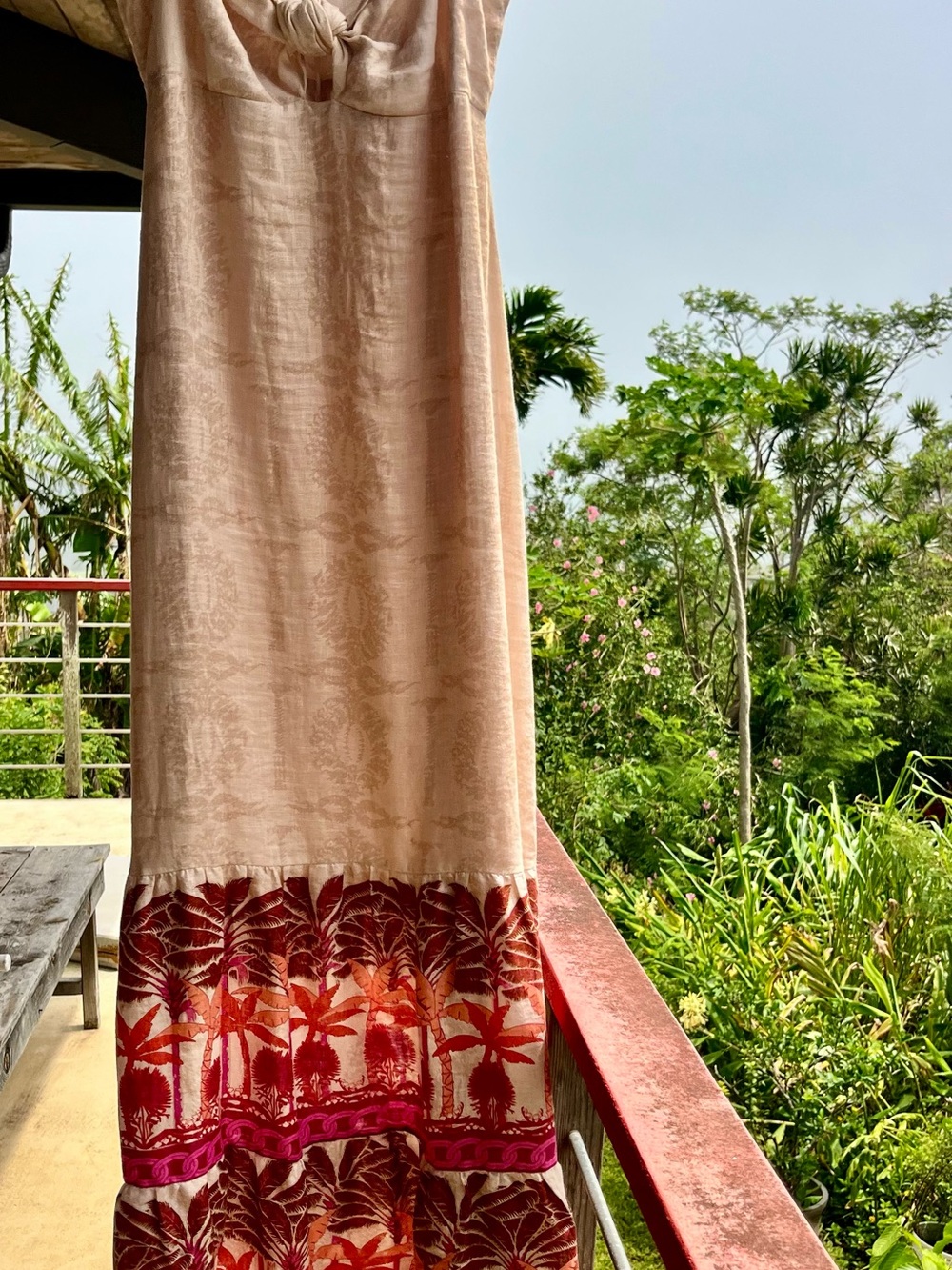 Maxi Swaying Palms Dress in Blush with Red-Pink Tropical Hem